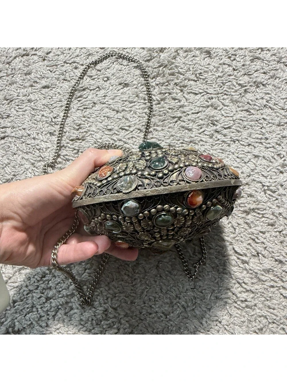 Vintage Sajai Metal Crossbody Purse with Natural Agate Stones Chain Strap